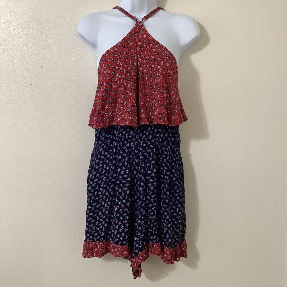 Navy Bohemian Prairie Western Hippie Coastal Cowgirl Ruffle Halter Romper XL